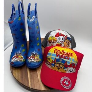 Paw Patrol Kids Rain Boots Size 10 and 2 Baseball Caps Hat Bundle   0367